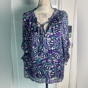 Ramy Brook Atlyn Abstract Butterfly Print Puff Sleeve V-Neck Tie Blouse Sz M